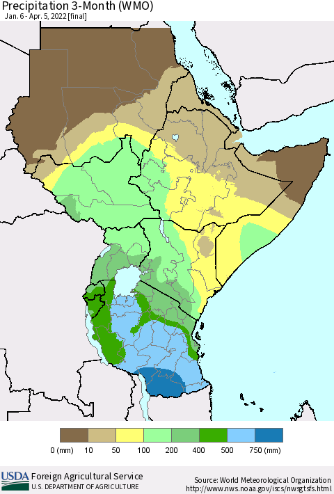 Eastern Africa Precipitation 3-Month (WMO) Thematic Map For 1/6/2022 - 4/5/2022