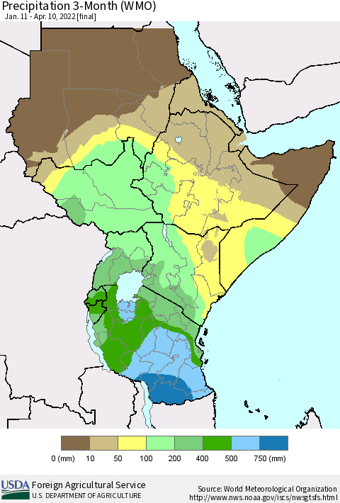 Eastern Africa Precipitation 3-Month (WMO) Thematic Map For 1/11/2022 - 4/10/2022