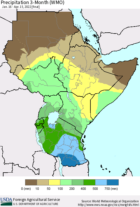 Eastern Africa Precipitation 3-Month (WMO) Thematic Map For 1/16/2022 - 4/15/2022