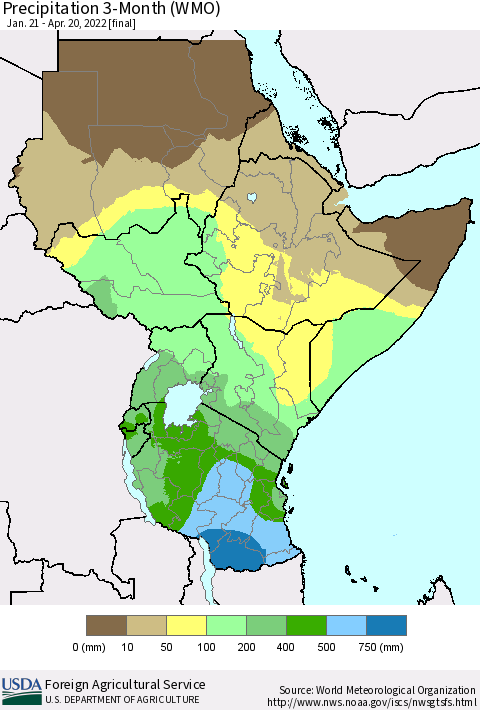 Eastern Africa Precipitation 3-Month (WMO) Thematic Map For 1/21/2022 - 4/20/2022