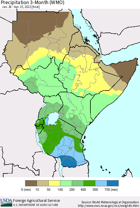 Eastern Africa Precipitation 3-Month (WMO) Thematic Map For 1/26/2022 - 4/25/2022