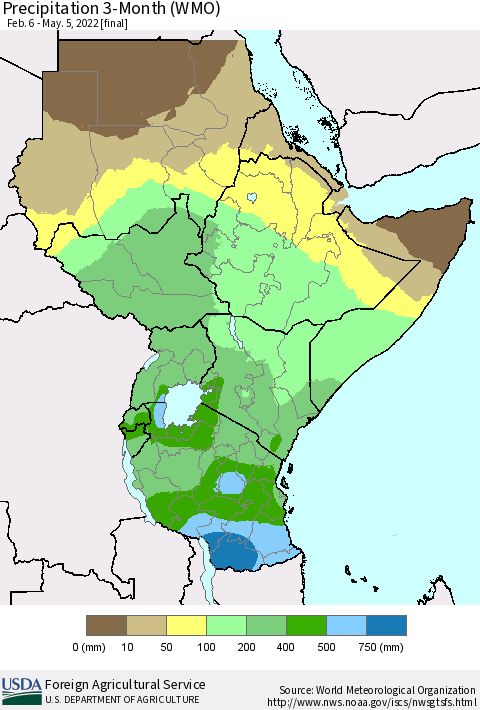 Eastern Africa Precipitation 3-Month (WMO) Thematic Map For 2/6/2022 - 5/5/2022