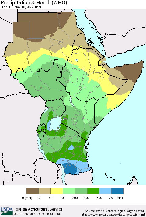 Eastern Africa Precipitation 3-Month (WMO) Thematic Map For 2/11/2022 - 5/10/2022