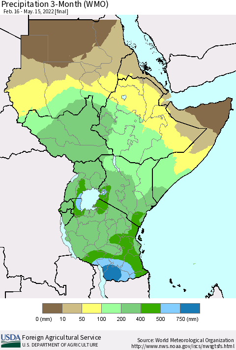 Eastern Africa Precipitation 3-Month (WMO) Thematic Map For 2/16/2022 - 5/15/2022