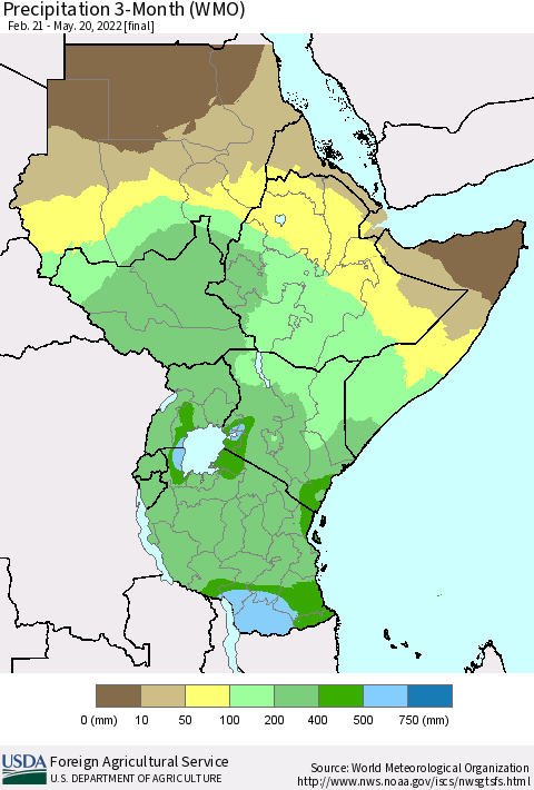 Eastern Africa Precipitation 3-Month (WMO) Thematic Map For 2/21/2022 - 5/20/2022