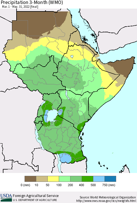 Eastern Africa Precipitation 3-Month (WMO) Thematic Map For 3/1/2022 - 5/31/2022