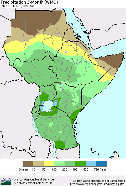 Eastern Africa Precipitation 3-Month (WMO) Thematic Map For 3/11/2022 - 6/10/2022