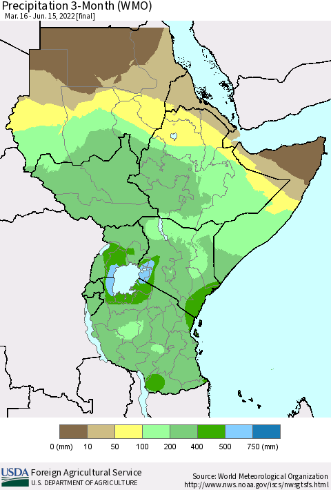 Eastern Africa Precipitation 3-Month (WMO) Thematic Map For 3/16/2022 - 6/15/2022