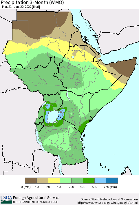 Eastern Africa Precipitation 3-Month (WMO) Thematic Map For 3/21/2022 - 6/20/2022