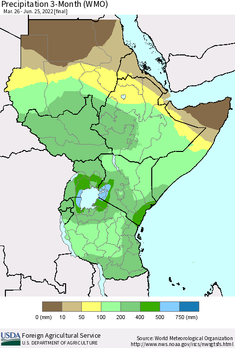 Eastern Africa Precipitation 3-Month (WMO) Thematic Map For 3/26/2022 - 6/25/2022