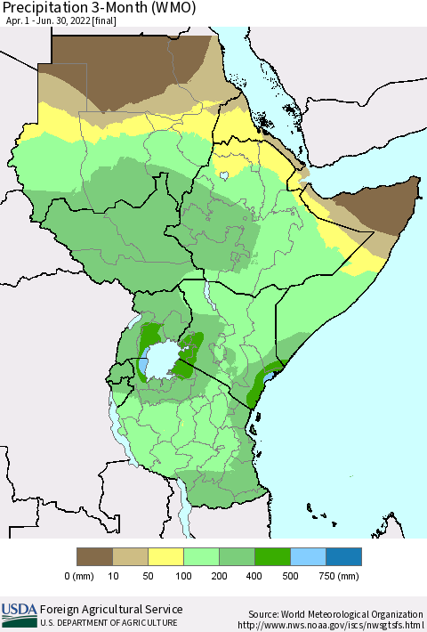 Eastern Africa Precipitation 3-Month (WMO) Thematic Map For 4/1/2022 - 6/30/2022