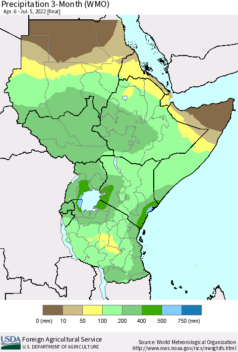 Eastern Africa Precipitation 3-Month (WMO) Thematic Map For 4/6/2022 - 7/5/2022