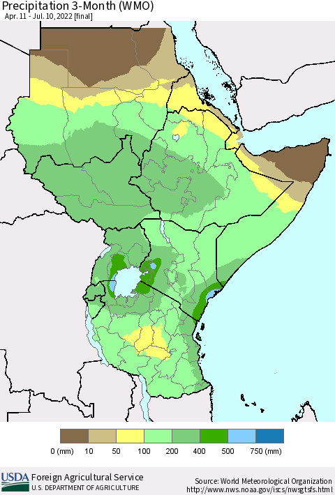 Eastern Africa Precipitation 3-Month (WMO) Thematic Map For 4/11/2022 - 7/10/2022