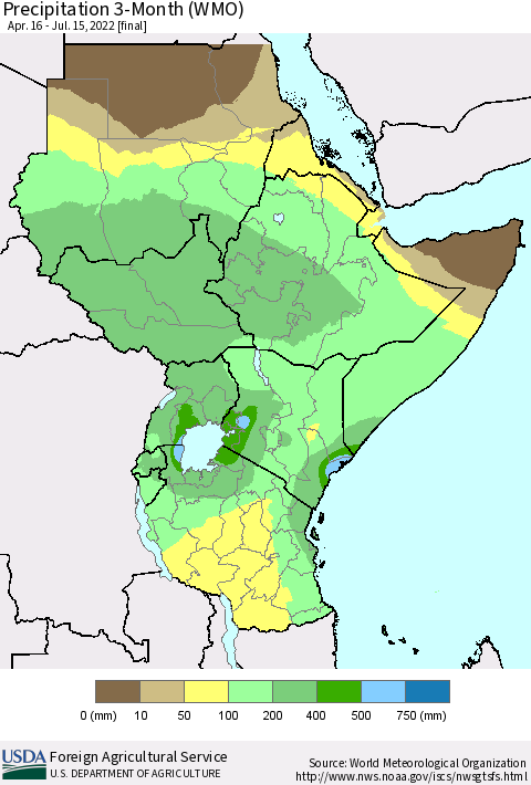 Eastern Africa Precipitation 3-Month (WMO) Thematic Map For 4/16/2022 - 7/15/2022