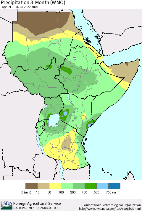 Eastern Africa Precipitation 3-Month (WMO) Thematic Map For 4/21/2022 - 7/20/2022