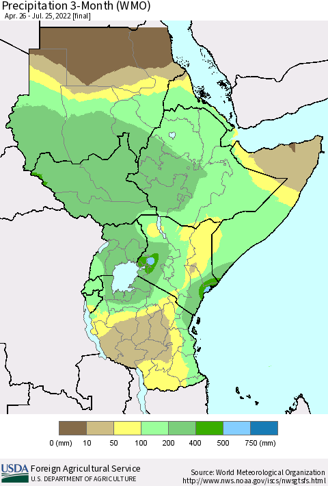 Eastern Africa Precipitation 3-Month (WMO) Thematic Map For 4/26/2022 - 7/25/2022