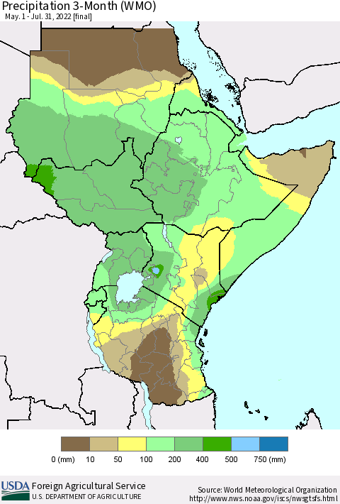 Eastern Africa Precipitation 3-Month (WMO) Thematic Map For 5/1/2022 - 7/31/2022