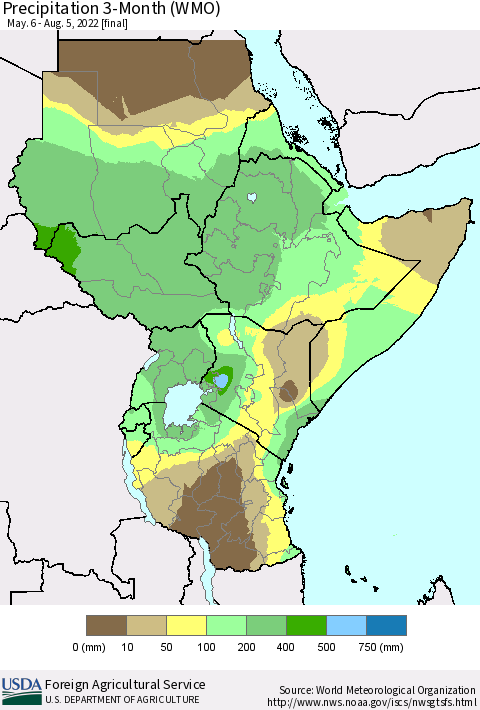 Eastern Africa Precipitation 3-Month (WMO) Thematic Map For 5/6/2022 - 8/5/2022