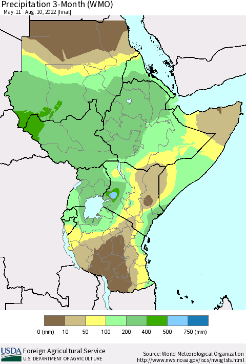 Eastern Africa Precipitation 3-Month (WMO) Thematic Map For 5/11/2022 - 8/10/2022