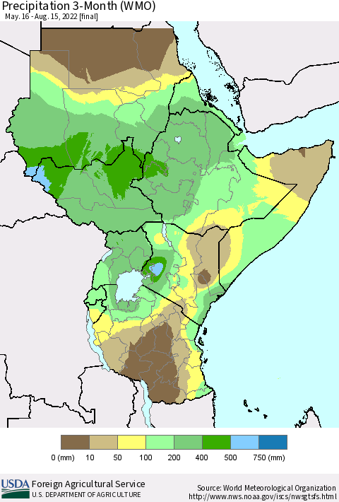 Eastern Africa Precipitation 3-Month (WMO) Thematic Map For 5/16/2022 - 8/15/2022
