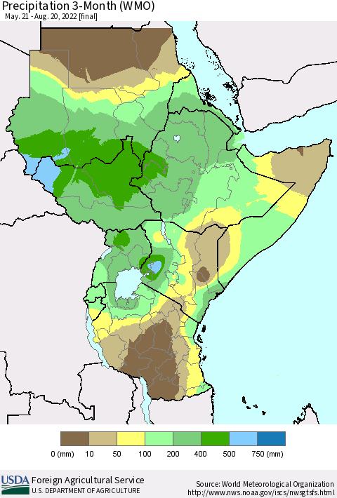 Eastern Africa Precipitation 3-Month (WMO) Thematic Map For 5/21/2022 - 8/20/2022