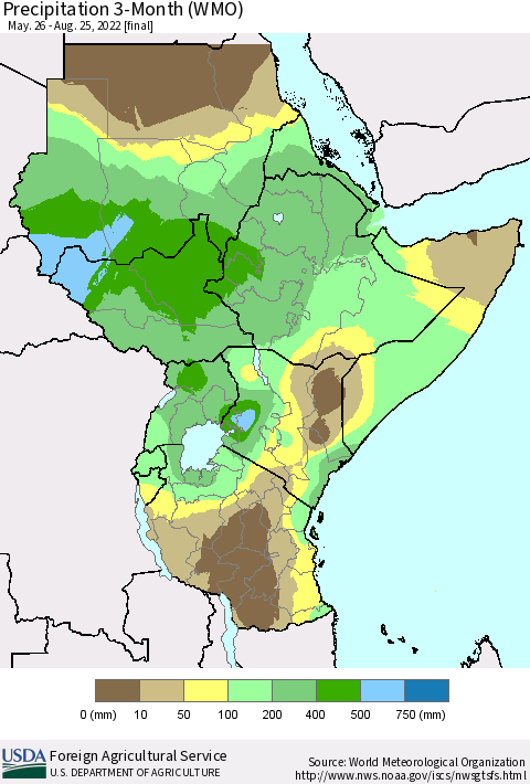 Eastern Africa Precipitation 3-Month (WMO) Thematic Map For 5/26/2022 - 8/25/2022