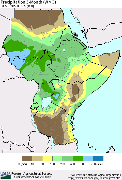 Eastern Africa Precipitation 3-Month (WMO) Thematic Map For 6/1/2022 - 8/31/2022