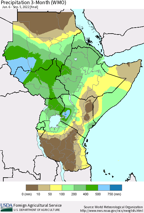 Eastern Africa Precipitation 3-Month (WMO) Thematic Map For 6/6/2022 - 9/5/2022