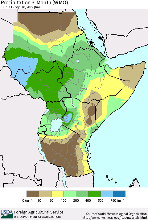 Eastern Africa Precipitation 3-Month (WMO) Thematic Map For 6/11/2022 - 9/10/2022