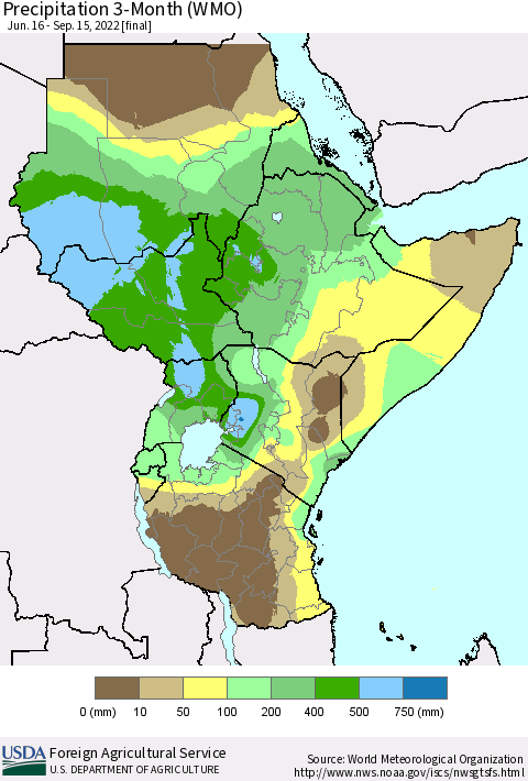 Eastern Africa Precipitation 3-Month (WMO) Thematic Map For 6/16/2022 - 9/15/2022