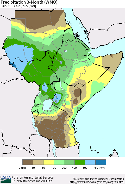 Eastern Africa Precipitation 3-Month (WMO) Thematic Map For 6/21/2022 - 9/20/2022