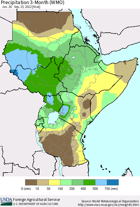 Eastern Africa Precipitation 3-Month (WMO) Thematic Map For 6/26/2022 - 9/25/2022