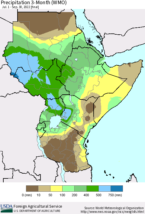 Eastern Africa Precipitation 3-Month (WMO) Thematic Map For 7/1/2022 - 9/30/2022