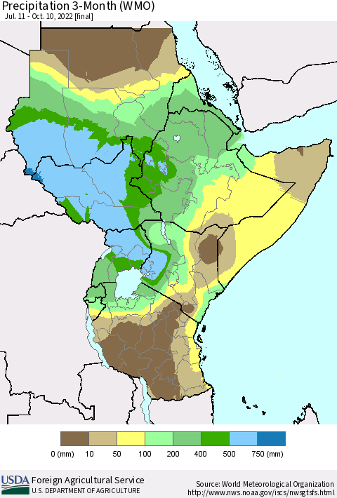 Eastern Africa Precipitation 3-Month (WMO) Thematic Map For 7/11/2022 - 10/10/2022