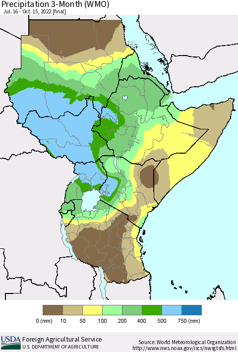 Eastern Africa Precipitation 3-Month (WMO) Thematic Map For 7/16/2022 - 10/15/2022