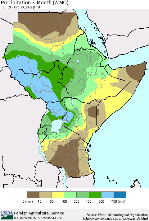 Eastern Africa Precipitation 3-Month (WMO) Thematic Map For 7/21/2022 - 10/20/2022