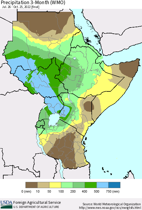 Eastern Africa Precipitation 3-Month (WMO) Thematic Map For 7/26/2022 - 10/25/2022