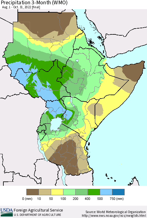 Eastern Africa Precipitation 3-Month (WMO) Thematic Map For 8/1/2022 - 10/31/2022