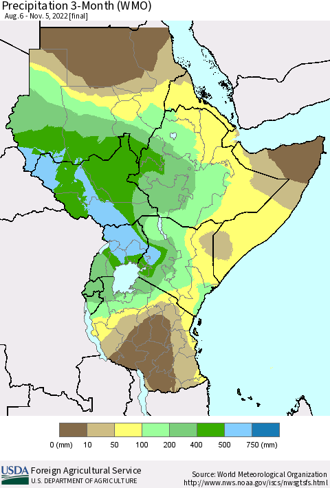 Eastern Africa Precipitation 3-Month (WMO) Thematic Map For 8/6/2022 - 11/5/2022