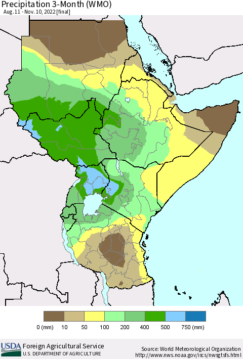 Eastern Africa Precipitation 3-Month (WMO) Thematic Map For 8/11/2022 - 11/10/2022