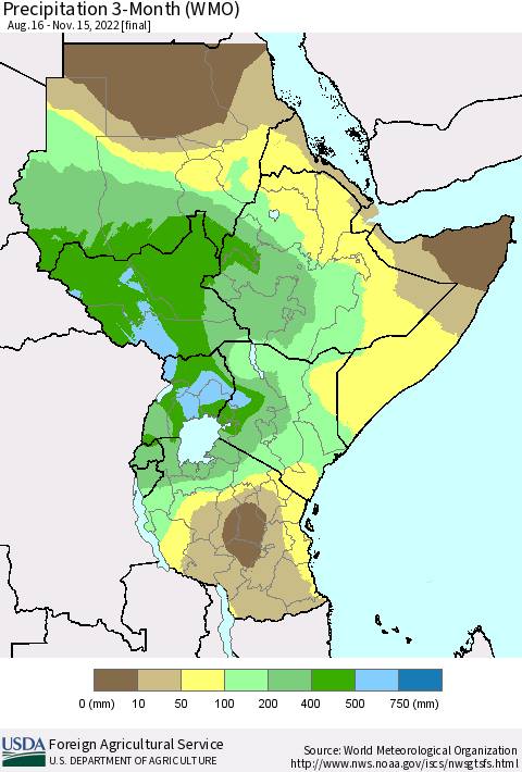 Eastern Africa Precipitation 3-Month (WMO) Thematic Map For 8/16/2022 - 11/15/2022