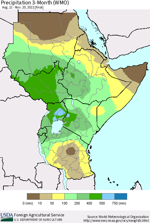 Eastern Africa Precipitation 3-Month (WMO) Thematic Map For 8/21/2022 - 11/20/2022