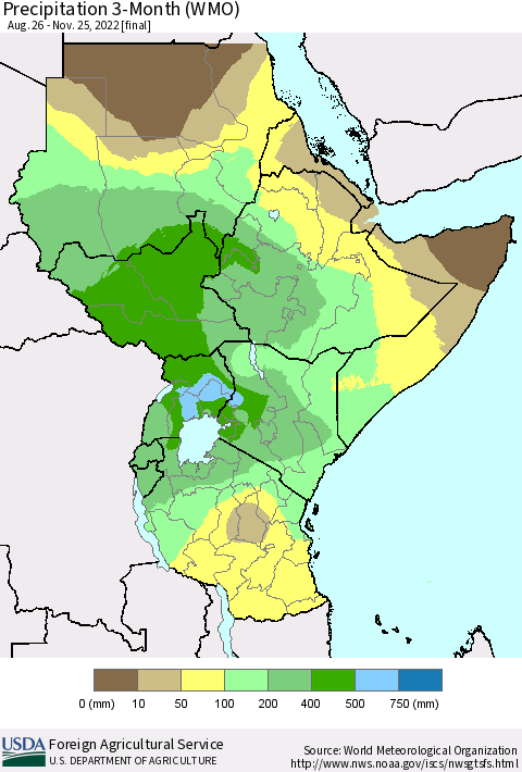 Eastern Africa Precipitation 3-Month (WMO) Thematic Map For 8/26/2022 - 11/25/2022