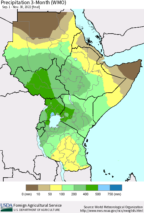 Eastern Africa Precipitation 3-Month (WMO) Thematic Map For 9/1/2022 - 11/30/2022