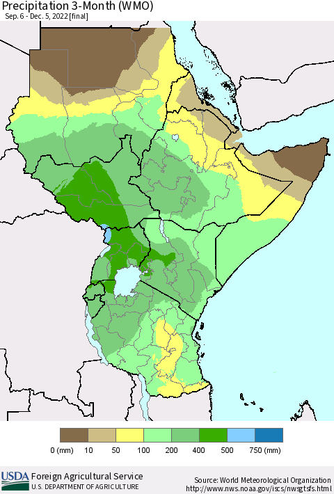 Eastern Africa Precipitation 3-Month (WMO) Thematic Map For 9/6/2022 - 12/5/2022