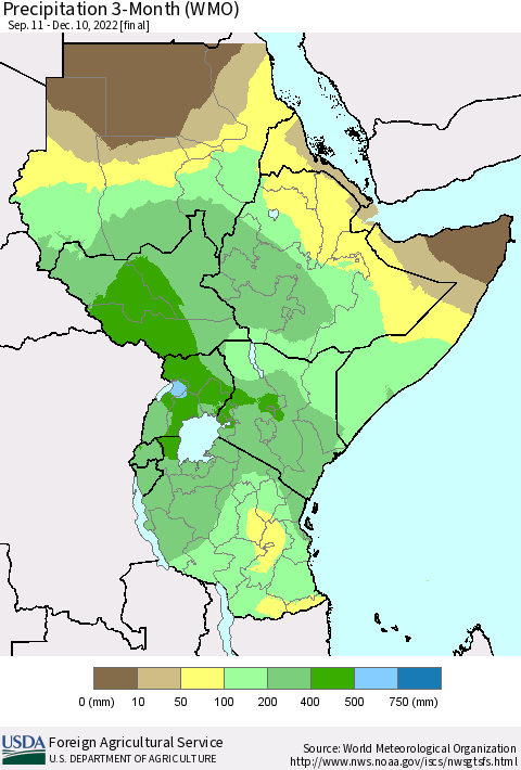 Eastern Africa Precipitation 3-Month (WMO) Thematic Map For 9/11/2022 - 12/10/2022