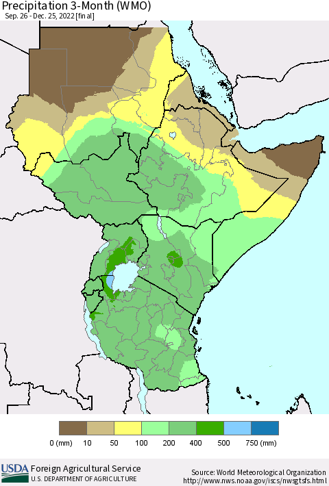 Eastern Africa Precipitation 3-Month (WMO) Thematic Map For 9/26/2022 - 12/25/2022