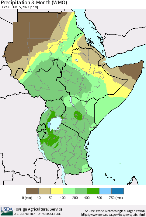 Eastern Africa Precipitation 3-Month (WMO) Thematic Map For 10/6/2022 - 1/5/2023