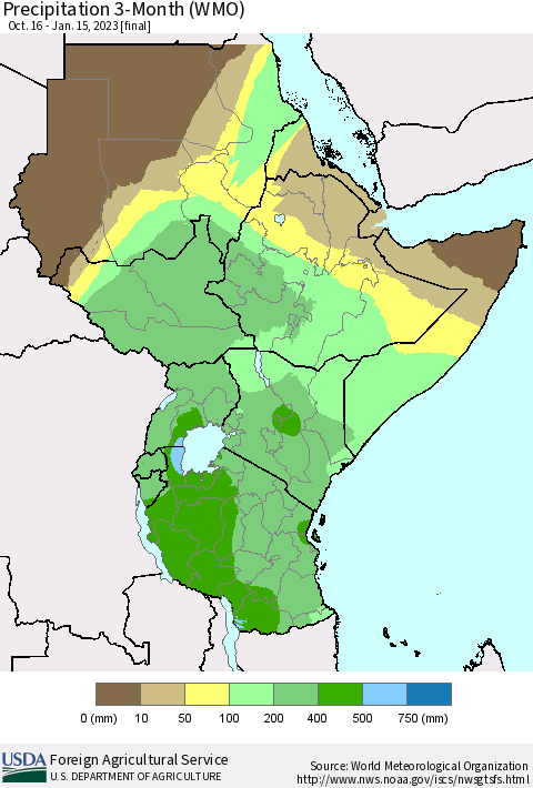 Eastern Africa Precipitation 3-Month (WMO) Thematic Map For 10/16/2022 - 1/15/2023