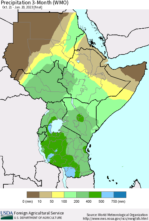 Eastern Africa Precipitation 3-Month (WMO) Thematic Map For 10/21/2022 - 1/20/2023
